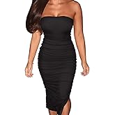 GOKATOSAU Women's Summer Strapless Mesh Bodycon Split Ruched Midi Party Dress