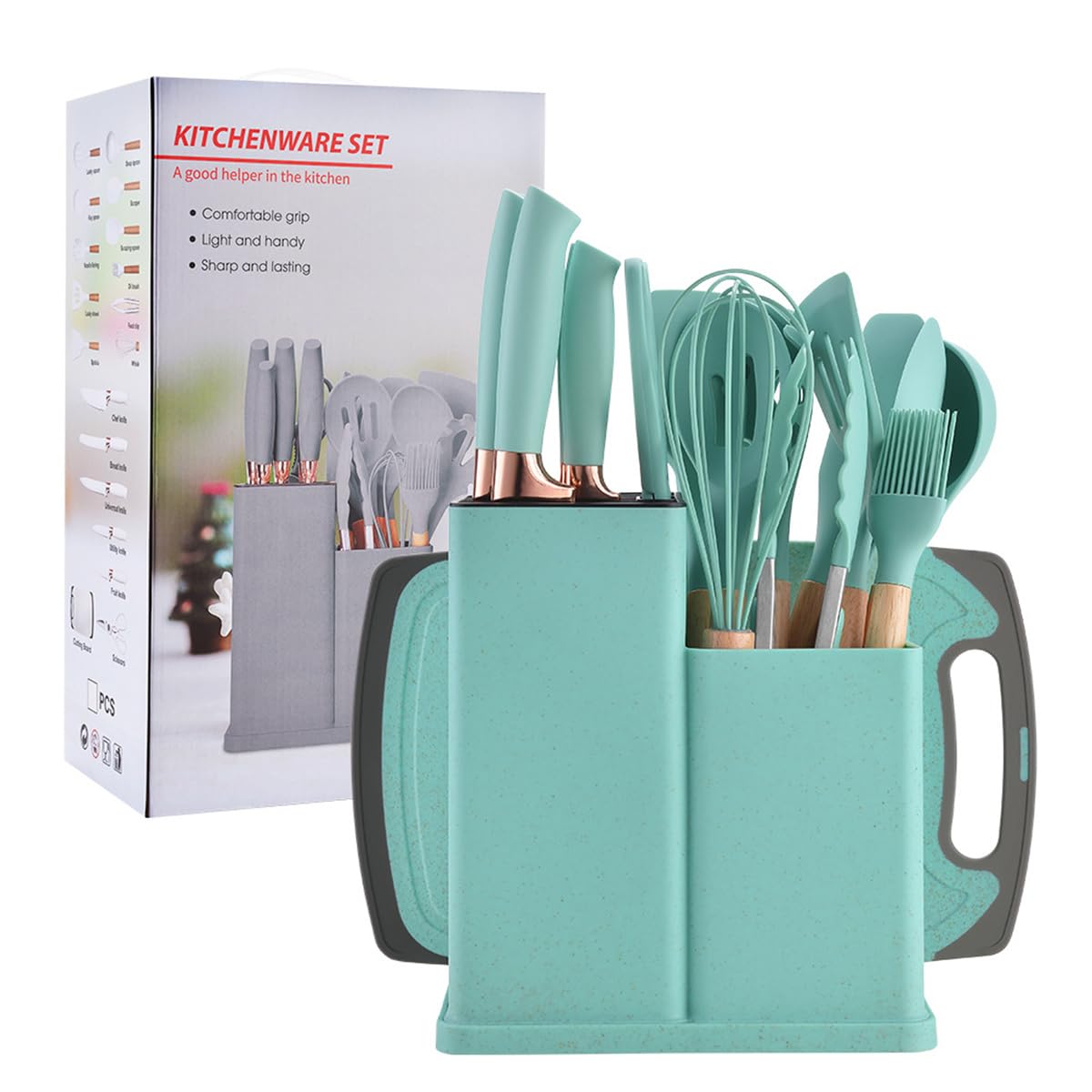 Photo 1 of 19 Pieces Kitchen Utensils and Knife Set with Block, Inldued 9 Pieces Silicone Cooking Utensils Set 5 Pieces Sharp Stainless Steel Chef Knives Scissors Whisk Tongs and Cutting Board (TEAL)