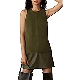 LADYFUL Women's Leather Overall Dress Sleeveless Patchwork Shift Mini Dresses Casual Pinafore Tank Dress