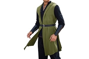 Runcati Mens Renaissance Costume Hooded Surcoat Medieval Knight Sleeveless Tunic Tops Tabard Viking Holloween Cloak