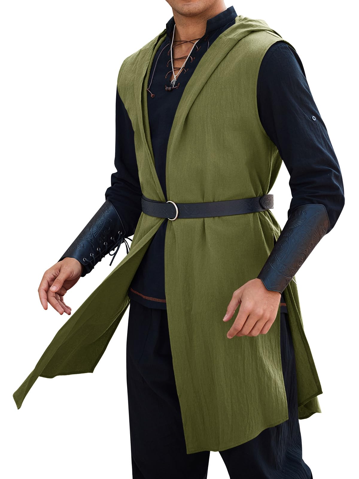 Photo 1 of * VERYD USED* Runcati Mens Renaissance Costume Hooded Surcoat Medieval Knight Sleeveless Tunic Tops Tabard Viking Holloween Cloak Army Green