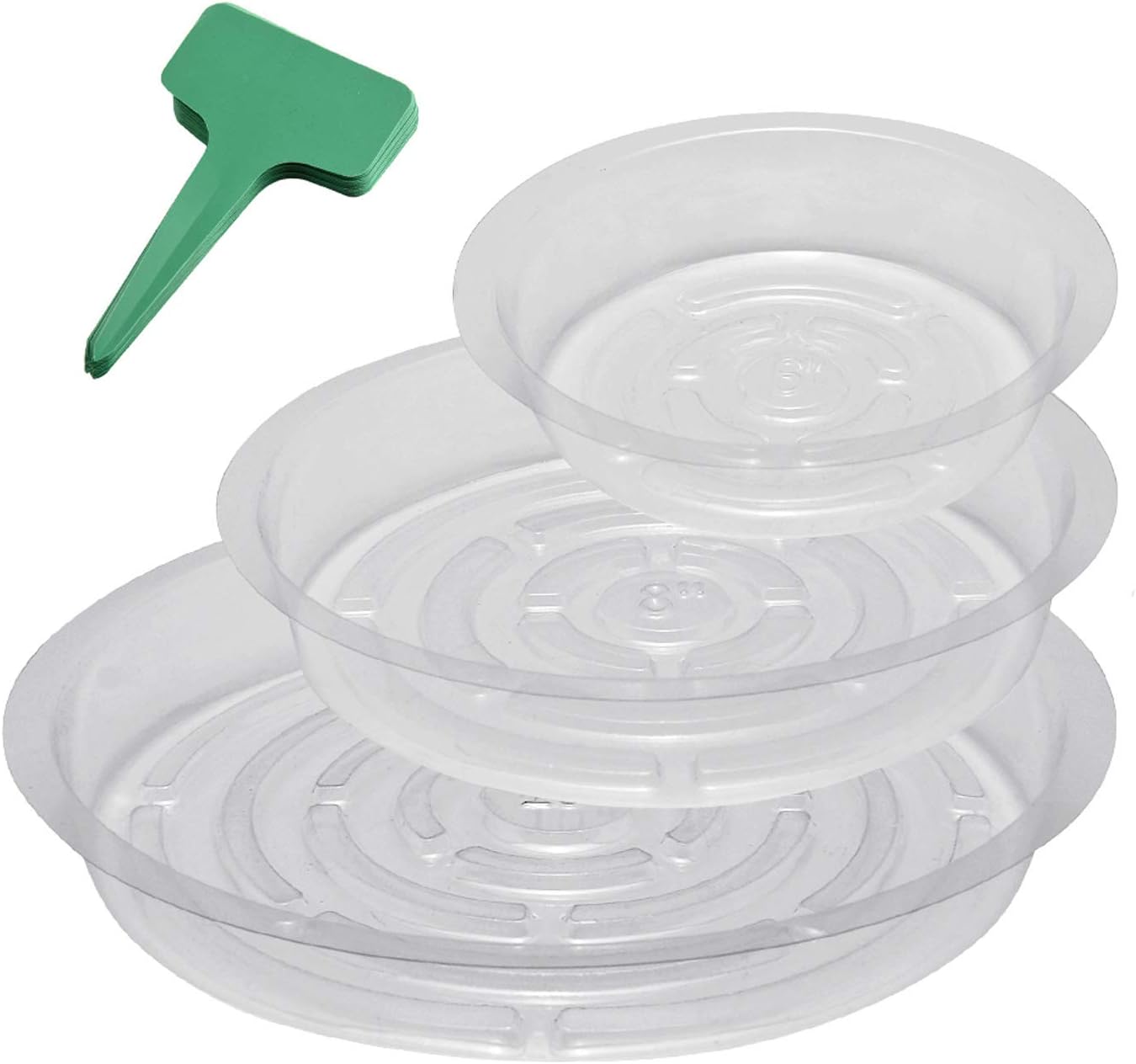 GROWNEER 15 Packs Clear Plant Saucer Drip Trays, with 15 Pcs Plant Labels, Plastic Plant Pot Saucers Flower Pot Set for Indoor Outdoor Garden, Assorted Sizes 6/8/10 Inch, 5 Pcs of Each Size: Kitchen & Dining