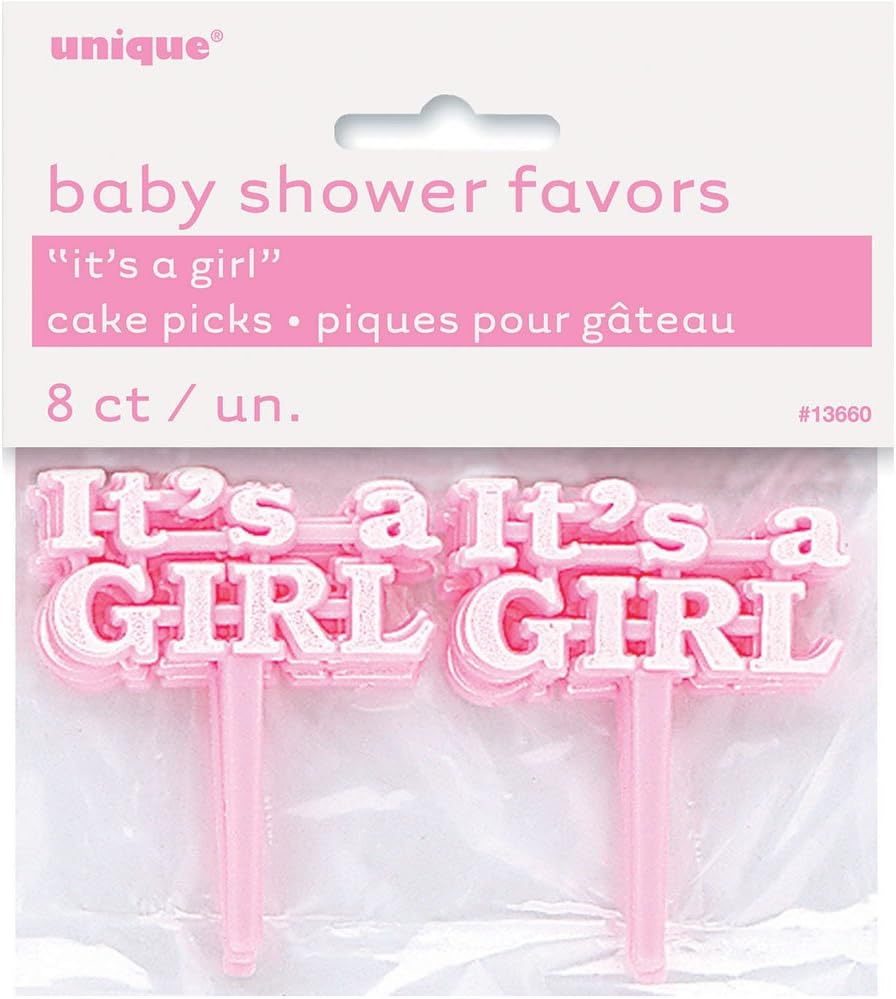 It's a Girl Pink Plastic Cake Picks (12cm) Pack of 8 - Adorable Baby Shower Decorations, standard size