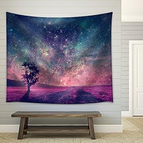 Red Alien Landscape with Alone Tree Silhouette in Purple Field - Fabric Wall Tapestry Home Decor - 51x60 inches