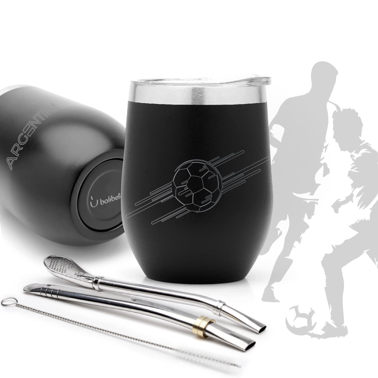balibetov Modern Mate Cup and Bombilla Set (World Cup 2022 Special Edition) - Includes Double Walled 18/8 Stainless Steel Mate Cup, Two Bombilla (Straw) and a Cleaning Brush (235 ml, Black)
