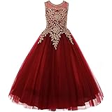 Gzcdress Burgundy Flower Girl Dresses Beaded Gold Applique Prom Pageant Dresses for Girls