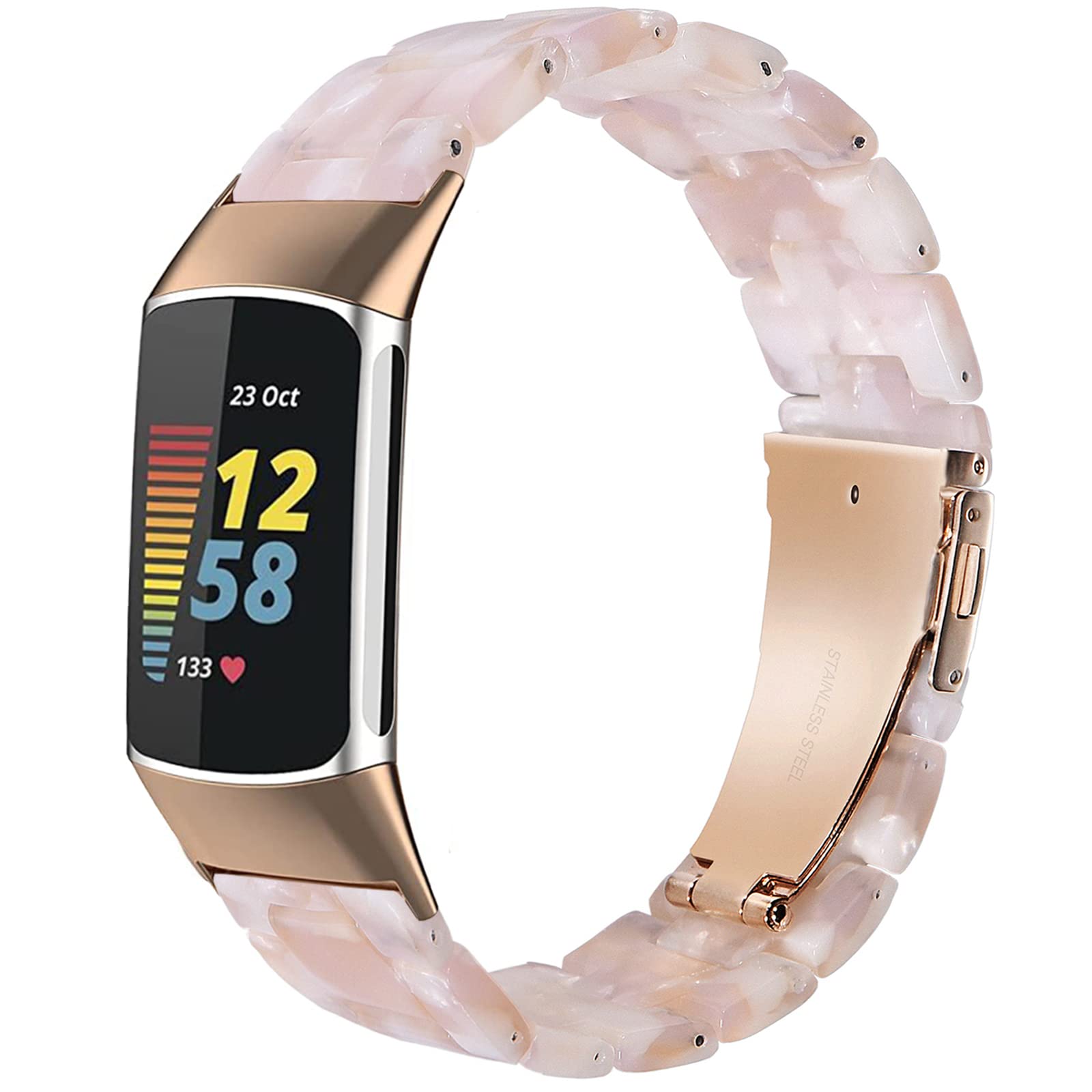 Wongeto Resin Straps Compatible with Fitbit Charge 5 Strap, Replacement Wristband Accessory Rose Gold Buckle Women Men for Charge 5 accssorises (Pink)
