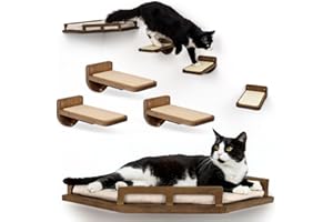 INICIO Cat Wall Shelves - Modern and Durable 3 Step Cat Furniture for Wall - Stylish Birch Floating Shelf for Cats up to 15lbs - Wooden Corner Shelves with Cushioned Perch - Brown