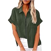 Womens Summer Shirts Cotton Linen Lapel Collar Short Sleeve Full Zipper Blouses Fashion Casual Tops with Pockets