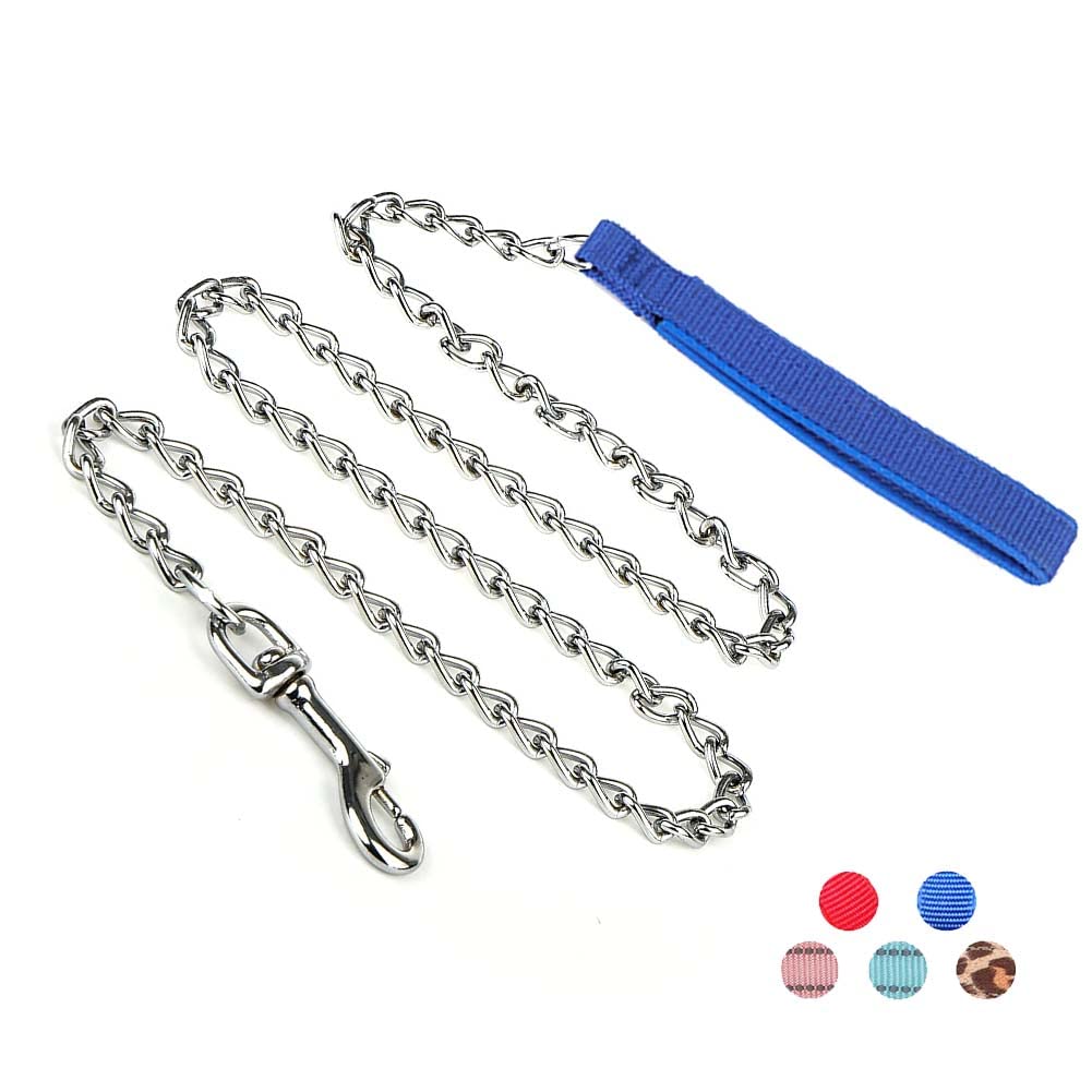 Petiry Chain Lead Chew Proof Metal Dog Leash with Soft Padded Handle,4ft Length Strong Anti-Bite Dog Lead,Blue Small