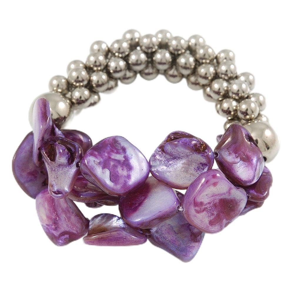 Avalaya Purple Shell Mirrored Silver Acrylic Bead Flex Bracelet - 17cm L