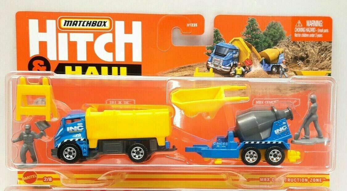 Matchbox Hitch & Haul MBX Construction Zone 2/8 (Blue/Yellow) - Tilt 'N Tip, MBX Cement Trailer, Entry Sign, Cement Tray, Figure Man #1 and #2