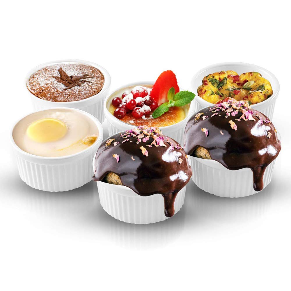 Porcelain Souffle Dishes,Ceramic Baking Ramekin Set Oven Safe Porcelain Bakeware Serving for Sauces Dipping,Onion Soup,Lava Cake,Flan,Creme Brulee,Pudding, 6 pack White 100 ml