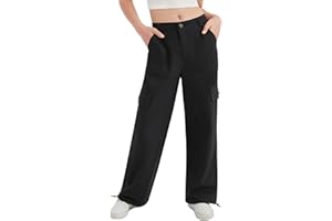 EXARUS Girls Cargo Pants Baggy Wide Leg Straight Loose Pant Tween High Elastic Waistband with Pockets Teen Youth 8-14Y