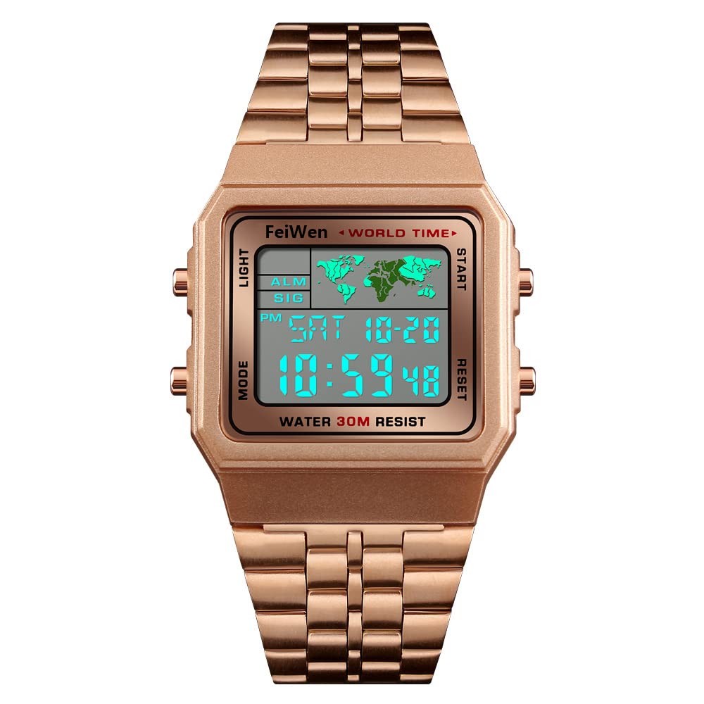 FeiWen Unisex Plastic Case and Stainless Steel Digital Sports Watches for Men and Women Fashion LED Display Multifunction Stopwatch Calendar Alarm Countdown Wristwatches, Rose Gold