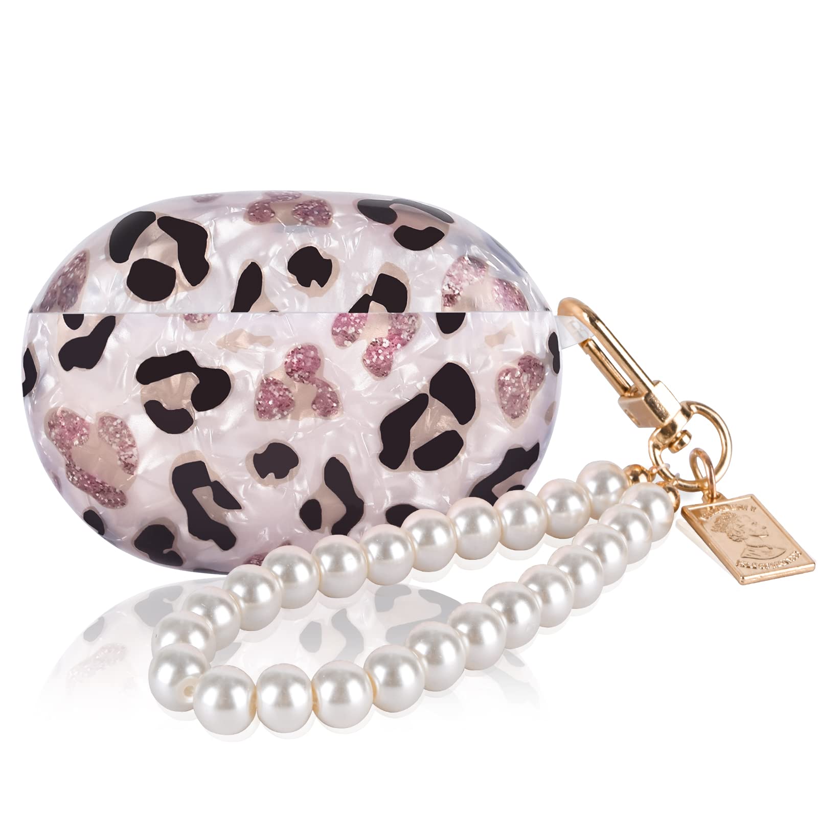 Glitter Leopard Marble Case for Beats Studio Buds with Pearl Wrist Chain Keychain for Women Girls,Luxury Sparkle Bling Cute TPU Shockproof Protective Skin Cover Compatible for Beats Studio Buds
