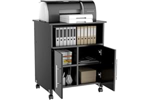 Yaheetech Mobile Printer Stand with Storage and Adjustable Shelf for Home Office Rolling Printer Stand for Desk, Wood Storage Cabinet Work Cart Cupboard Shelf on Wheels, Black