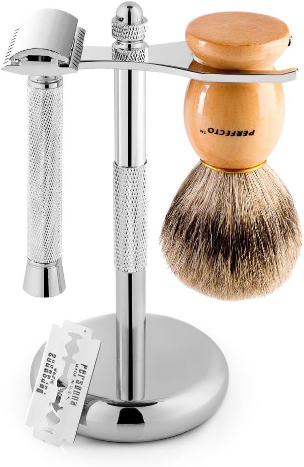 Perfecto Deluxe Rasierset, 100% Dachshaar, Rasierpinsel aus Chrom