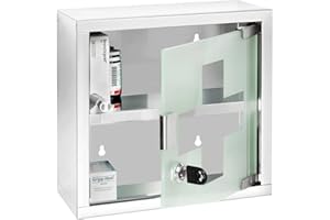 WENKO Medicine Cabinets with Lock, Wall Mounted Over The Toilet Storage Shelves, First Aid Bathroom Wall Cabinet with Safety Glass Door, Small, 9.8 x 9.8 x 4.7 in, Silver Shiny
