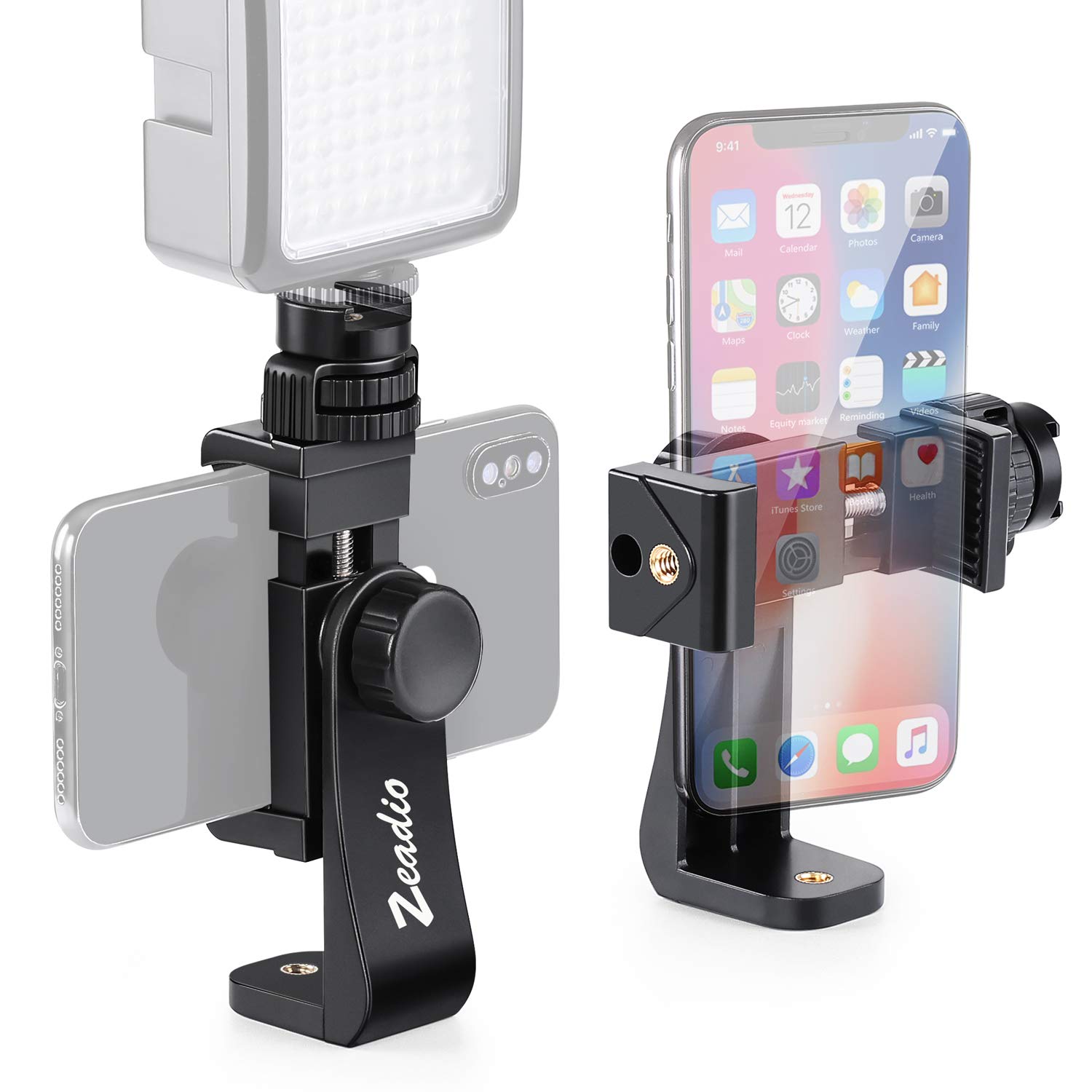 Zeadio Tripod Smartphone Mount, Cell Phone Holder Adapter Clamp with Cold-shoe Mount, Selfie Stick and Monopod Adjustable Clamp, Fits for iPhone, Samsung, Huawei and all Phones