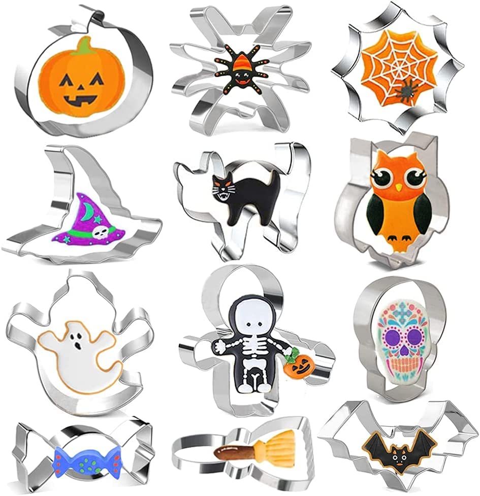 OMNIQI Halloween Cookie Cutters Shapes, 12 Pcs No-Repeat Halloween Cookie Cutter Gingerbread Cutters, Stainless Steel Bourbon Biscuit Cutter Halloween Pumpkin Broom Cobwebs Bat Cat Skull Witch Hat