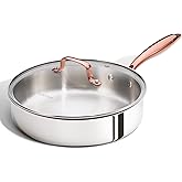 CAROTE 10" Tri-Ply Stainless Steel Deep Frying Pan with Lid, Non-Toxic Saute Pan, Oven Safe, Induction, Ceramic and Gas Cooktops Compatible, Silver