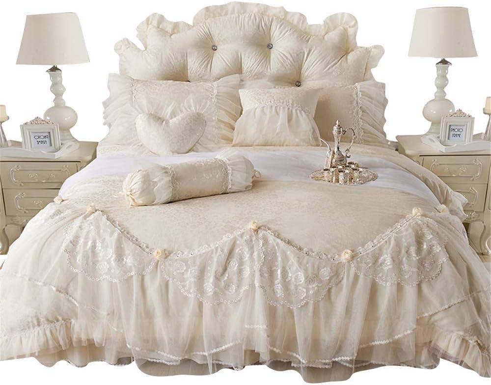 Lotus Karen Jessica Beige Girls Bed Set Detachable Romantic Lace Ruffles Korean Bedding Set Luxurious Jacquard Wedding Bedding with Bed Skirt (1Duvet Cover/1Bedskirt/2Pillowcases)