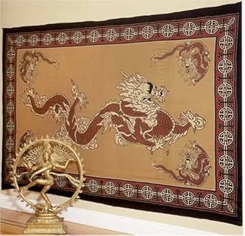 Asian Dragon Indian Bedspread in Red & Tan, Double Size