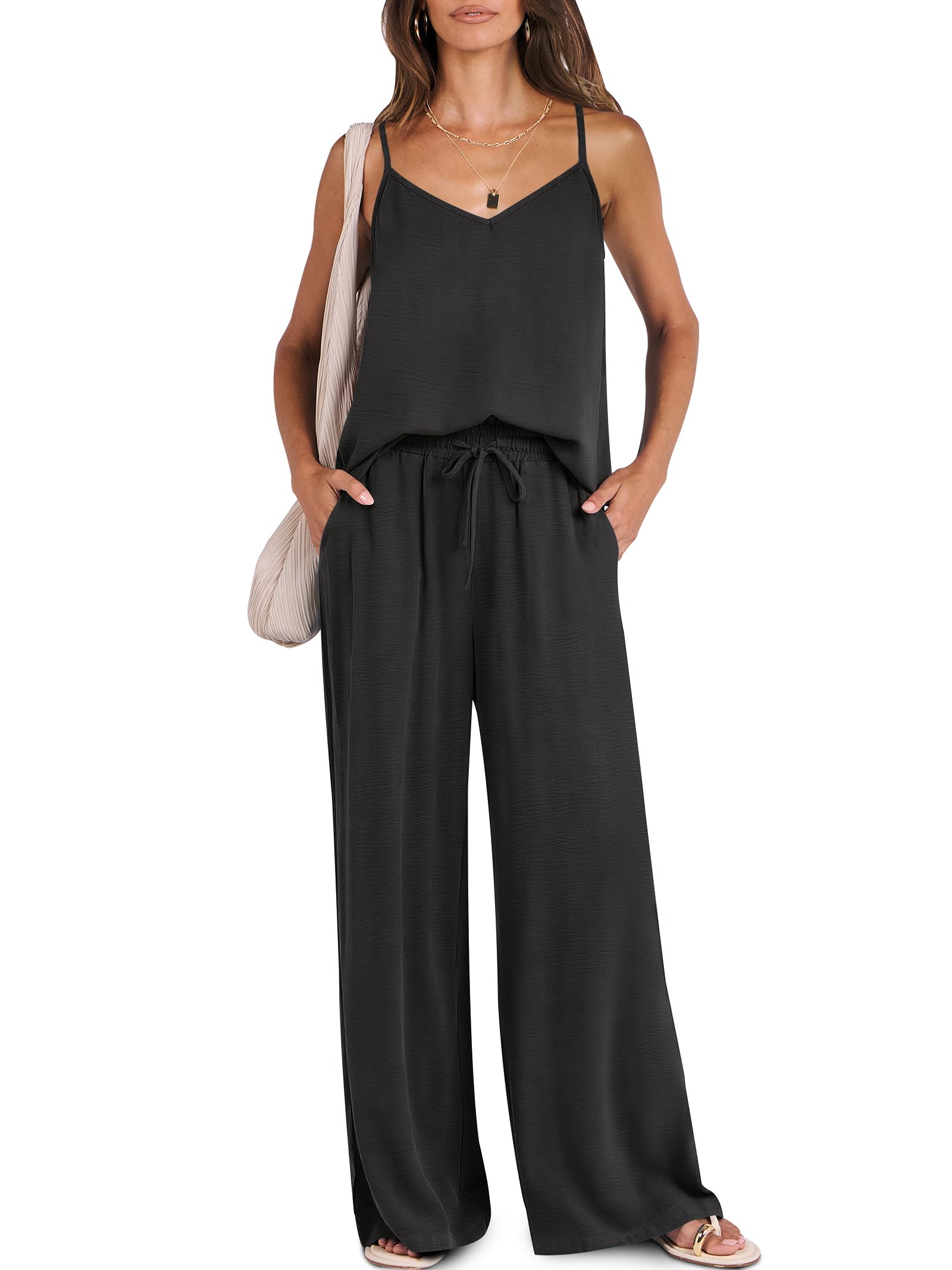 Photo 1 of TOP ONLY* Piece Lounge for Women Summer Casual Matching Wide Leg Pants Beach Travel Vacation 2025 Trendy Outfits Black Medium