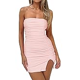 HYPERFIRE Women's Elegant Strapless Ruched Bodycon Mini Dress Cocktail Tube Dresses