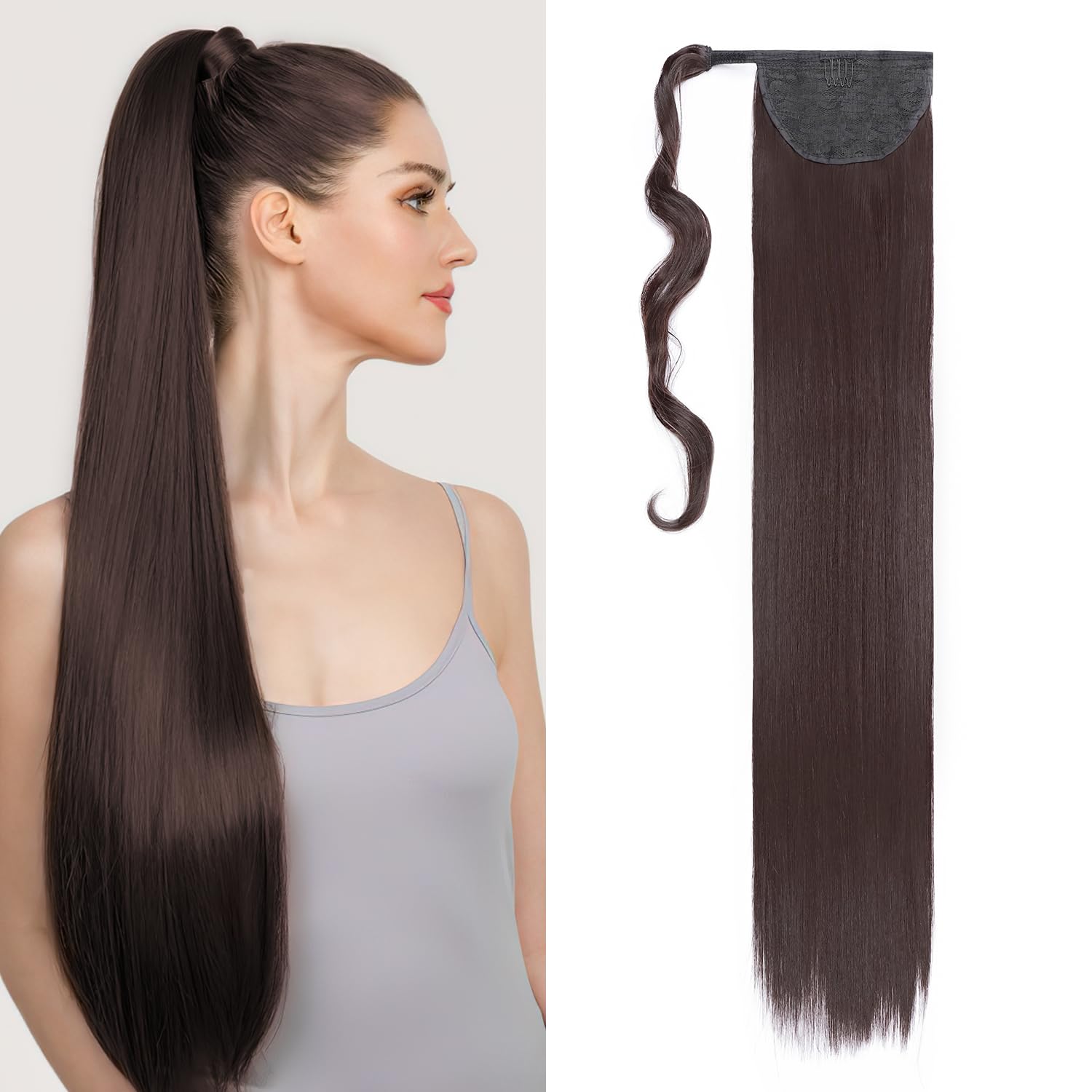 Ponytail Extension Wrap Around Long Straight Curly Clip in Ponytail Hair Extensions for Women Brown Black Blonde Hairpiece 32"-Straight, Dark Brown