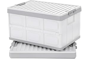 JUJIAJIA Collapsible Storage Bins with Lids 30L, Folding Plastic Stackable Utility Crates 2-Pack, Durable Containers for Home & Garage Organization - Oyster White
