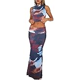 Skirt Sets Women 2 Piece Outfits - Sexy Two Pc Sleeveless Tank Crop Top Fold Over Maxi Long Skirts