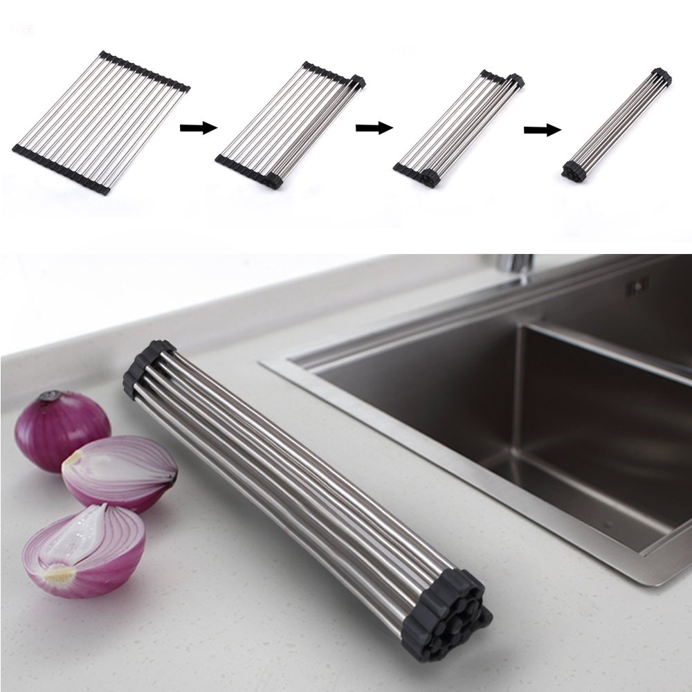 GoZheec Abtropfgestell Abtropfablage Abtropfgitter Trocknung Abtropfgestell 50 cm x 33 cm Spülbeckeneinlage Abtropfbrett faltbarer Edelstahl Abtropfgitter Abtropfständer Geschirr Abtropfkorb Colander für Spüle oder Arbeitsfläche in Ihrer Kü