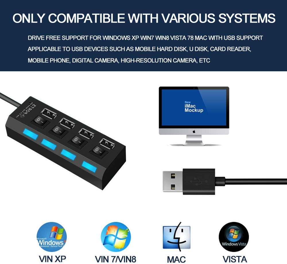 4 Port USB Hub with Individual LED Power Switches,4 Port USB 2.0 Date hub high Speed up to 5Gbps Compatible with PC Laptop and Other Devices …: Computers & Accessories