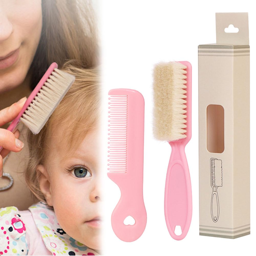 Bmeigo Baby Hair Brush and Comb Set - Goat Hair Brush Natural Soft Bristles Hair Comb Massage Cradle Cap Treatment for Newborn, Toddlers and Kids, Baby Shower and Registry (Pink)