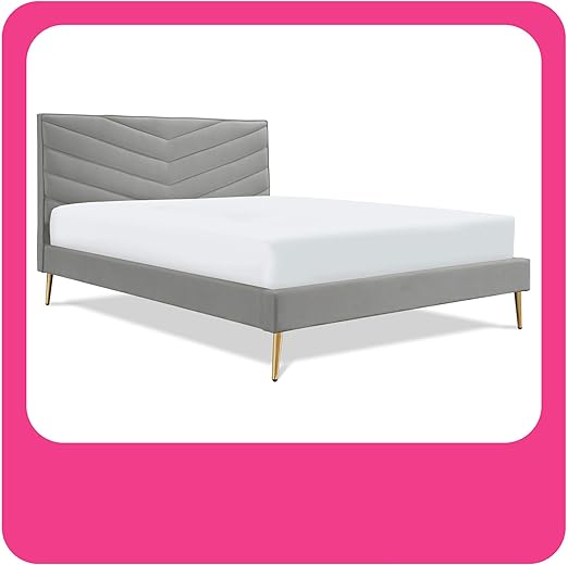 Amazon Com Adore Decor Sidney Upholstered Platform Bed Plush Tufted Velvet Headboard With Chevron Stitching Mid Century Modern Design Gold Slanted Legs Queen Size Gray Furniture Decor