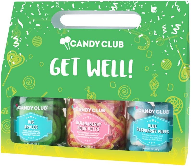 Candy Club Gourmet Get Well Collection, BananaBerry Sour Belts, Blue Raspberry Puffs, and Big Apples, Treats for Gifts, Parties, Snacks, Candy Buffets, etc. - 3 Jars Gift Pack