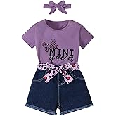 HSOXLQF Kids Toddler Girls Summer Clothes Leopard Butterfly Print T-Shirt + Belted Denim Jeans Shorts 3PCS Outfits