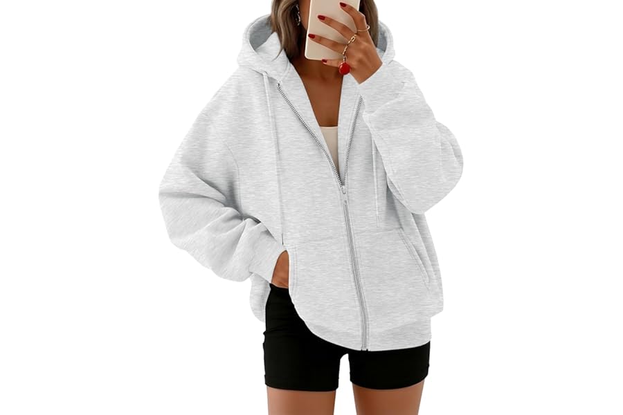 Trendy Queen Womens Oversized Zip Up Hoodies Y2K Fall Sweatshirts 2026 | Cute Fashion Lightweight Jacket with Pockets, Casual Fall Outfits, Cozy Winter Coats, Everyday Layering and Travel Clothes