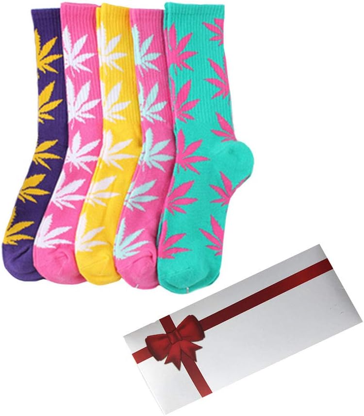 TTD5 Packs Unisex Weed Leaf Printed Cotton Socks Maple Leaf Printed Socks With Gift Box Athletic Sports Marijuana High Crew Socks