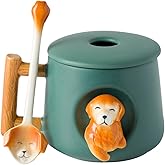 DIHOclub Ceramic Coffee Mug with Lid and Matching Spoon,Novelty 3D Golden Retriever Pattern Mug,Perfect for Coffee, Tea, Milk, and More - Ideal Gift for Dog Lovers - 14 Ounces(green)
