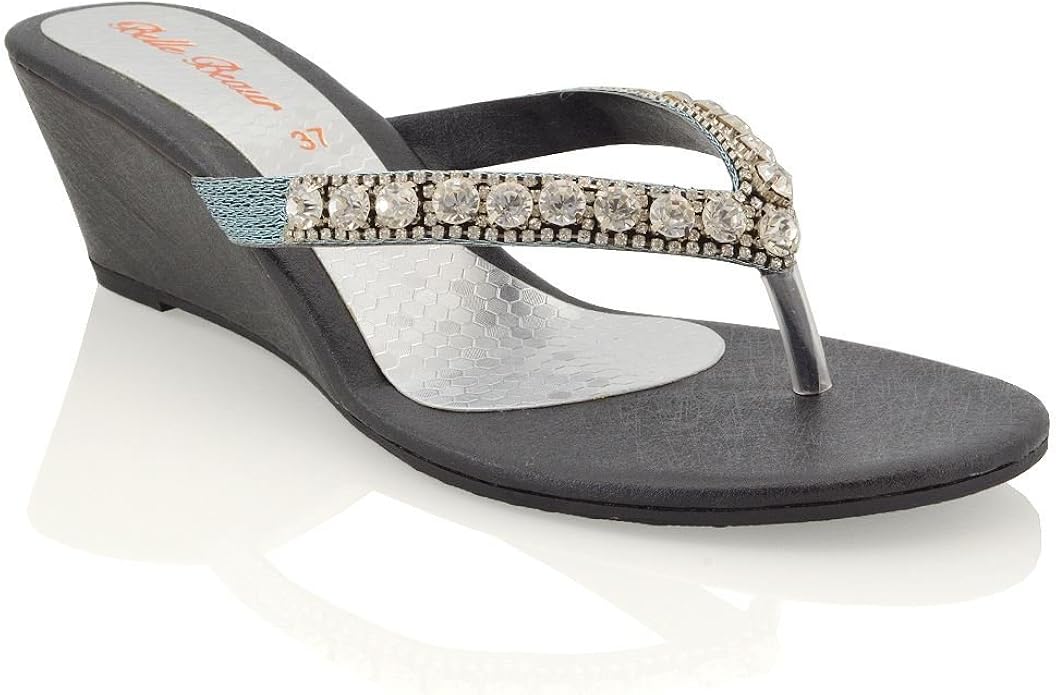 Amazon.com | ESSEX GLAM Womens Low Wedge Heel Sandals Rhinestones Flip Flops Synthetic Leather 
