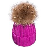 Womens Girls Warm Winter Cable Knit Hat Real Raccoon Fur Pom Pom Knit Beanie Skull Hat (Hot Pink)