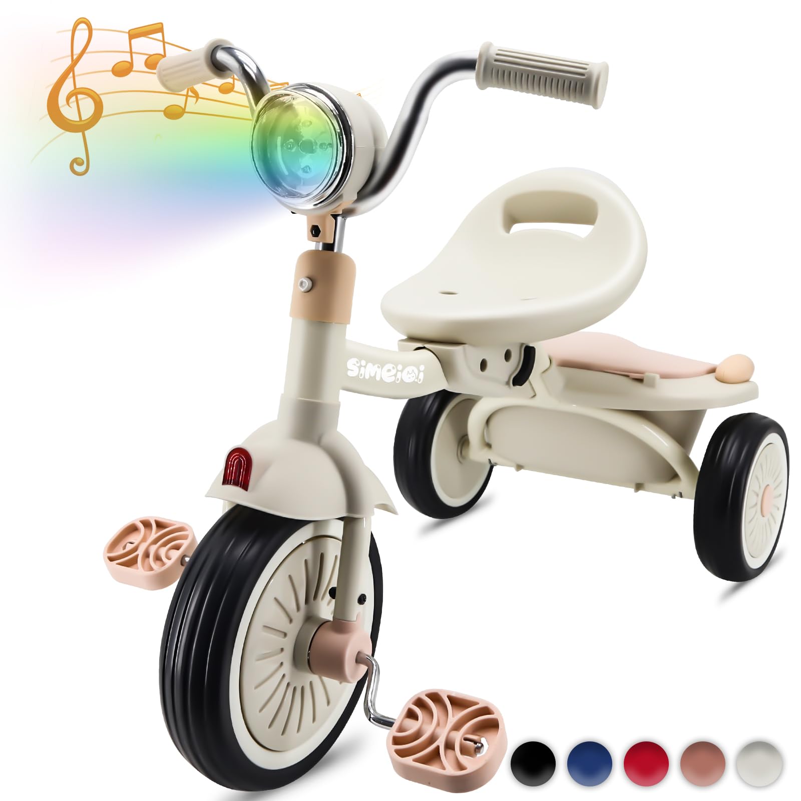 SIMEIQI Toddler Tricycle Foldable Kids Pedal Trike Pedal 3 Wheels Baby Walker Trike for Boys Girls 1-4 Years Old Rear Storage Box Music Headlight