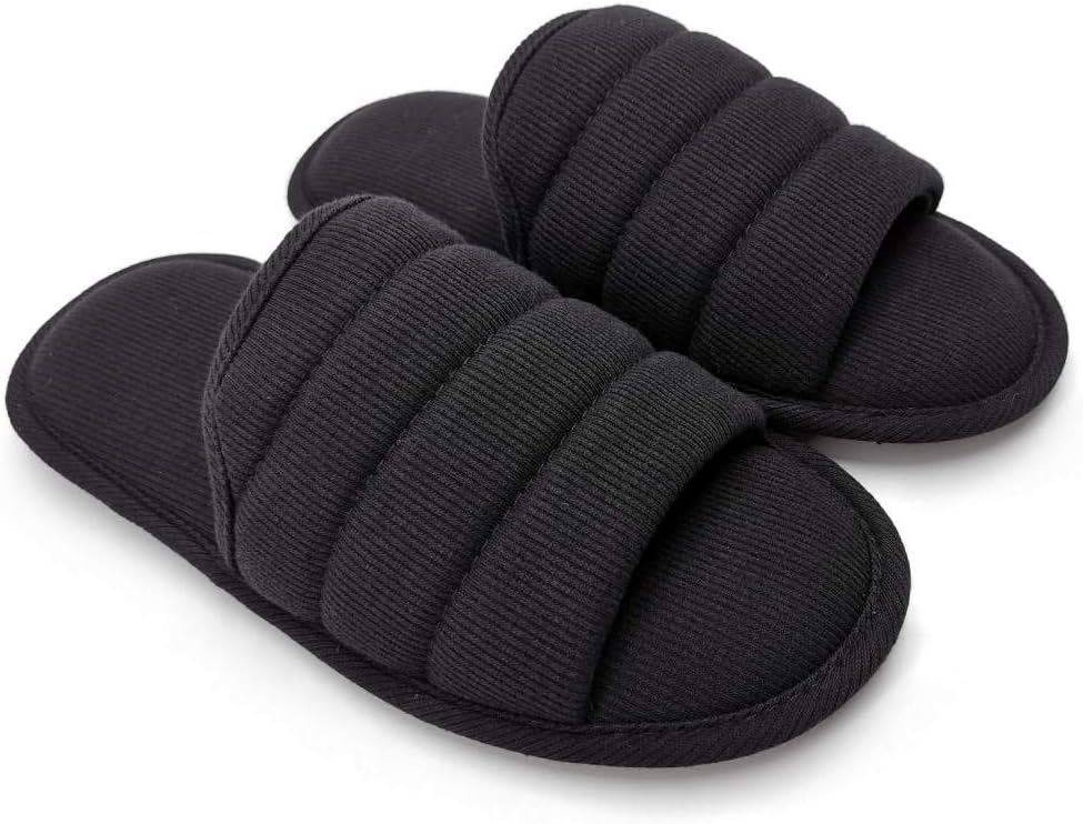 HSXQQL Men's Knitted Breathable Cotton Slip on Flat Slippers for Men Open Toe Soft Memory Foam Indoor Sandals,Black