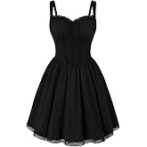 Scarlet Darkness Lace Corset Mini Dress with Pocket Women Teens Grad Outfit | Adjustable Straps, Ruched Sweetheart Bust, Lace Corset Waist, Lightweight Fabric. For Picnic, Date &amp; Halloween Cosplay