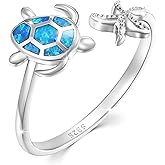 Cuoka Turtle Ring,S925 Sterling Silver Starfish Blue Opal Rings Adjustable Band Sea Turtle Jewelry Gifts for Women