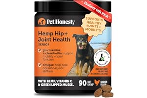PET HONESTY Senior Hemp Hip & Joint Supplement for Dogs - Dog Joint Supplement with Hemp Oil & Powder, Glucosamine, Collagen, MSM & Green Lipped Mussel - Mobility for Senior Dogs (Chicken 90)