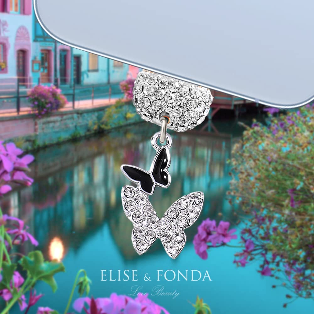 CP553 USB Charging Port Crystal Anti Dust Plug Little Butterfly Phone Charm for iPhone 13/12/11/ XS MAX/XR/X/8 Plus/7/6S/8/SE iPad iPod (Black & White)